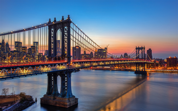 Manhattan Bridge, evening, bridge, USA, New York, America, NYC
