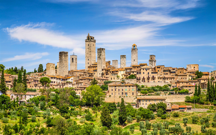 San Gimignano, 4k, yaz, İtalyan yerler, Toskana, İtalya