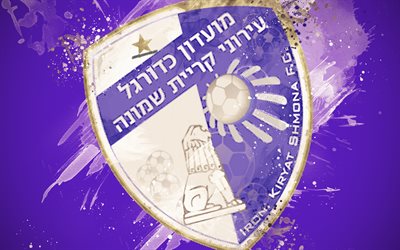 Hapoel Ironi Kiryat Shmona FC, paint art, logo, creative, Israeli football team, Israeli Premier League, Ligat HaAl, emblem, purple background, grunge style, Kiryat Shmona, Israel, football