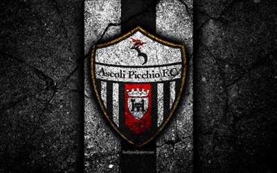 4k, Ascoli FC, logo, Serie B, football, black stone, Italian football club, soccer, emblem, asphalt texture, Ascoli, Italy, FC Ascoli