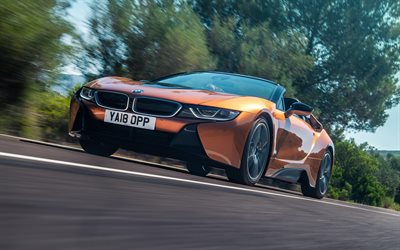 BMW i8 Roadster, 4k, road, 2018 cars, motion blur, supercars, BMW