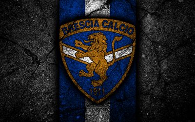 4k, Brescia FC, logo, Serie B, football, black stone, Italian football club, soccer, emblem, Brescia, asphalt texture, Italy, FC Brescia