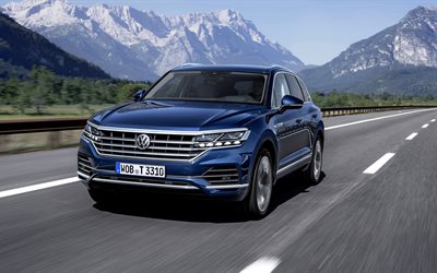 Volkswagen Touareg, 4k, 2018, Elegance version, front view, luxury SUV, new blue Touareg, German cars, Volkswagen