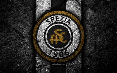 4k, Spezia FC, logo, Seri B, futbol, siyah taş, İtalyan Futbol Kul&#252;b&#252;, amblem, Spezia, asfalt doku, İtalya, FC Spezia