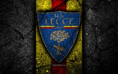 4k, Lecce FC, logo, Seri B, futbol, siyah taş, İtalyan Futbol Kul&#252;b&#252;, amblem, Lecce, asfalt doku, İtalya
