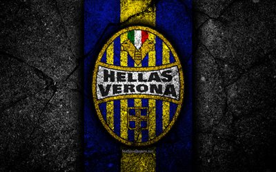 4k, Hellas Verona FC, logotyp, Serie B, fotboll, svart sten, Italiensk fotboll club, emblem, Hellas Verona, asfalt konsistens, Italien, FC Hellas Verona