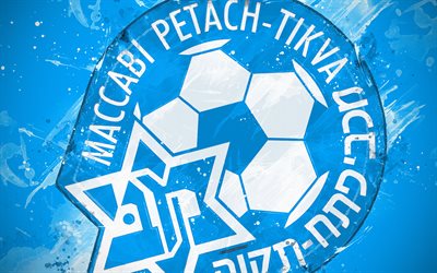 Maccabi Petah Tikva FC, boya, sanat, logo, yaratıcı, İsrail futbol takımı, İsrail Premier Ligi, Ligat HaAl, amblemi, mavi arka plan, grunge tarzı, Petah Tikva, İsrail, futbol
