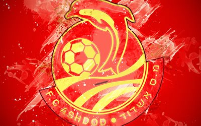 FC Ashdod, m&#229;la konst, logotyp, kreativa, Israeliska fotboll, Israeliska Premier League, Ligat HaAl, emblem, r&#246;d bakgrund, grunge stil, Asdod, Israel, fotboll