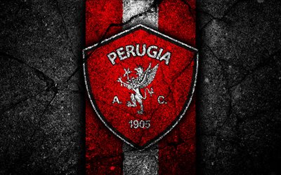 4k, Perugia FC, logotipo, Serie B, de f&#250;tbol, de piedra negra, club de f&#250;tbol italiano, f&#250;tbol, emblema, Perugia, asfalto textura, Italia, FC Perugia
