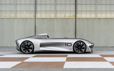 Infiniti Prototype 10 Concept, 2018, side view, silver roadster, racing car, prototypes 2018, Japanese sports cars, Infiniti