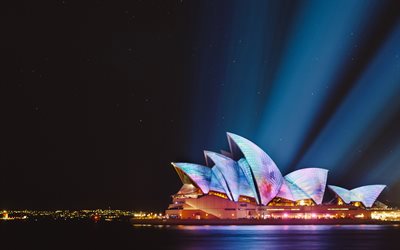 4k, la Sydney Opera House, paesaggi notturni, proiettori, panorama, Sydney, Australia