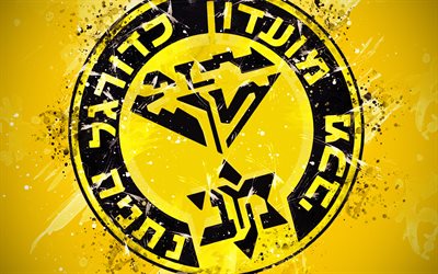 Maccabi Netanya FC, paint art, logo, creative, Israeli football team, Israeli Premier League, Ligat HaAl, emblem, yellow background, grunge style, Netanya, Israel, football