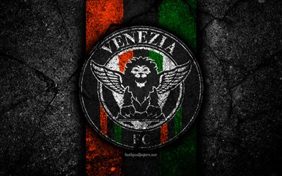 4k, Venezia FC, logo, Serie B, football, black stone, Italian football club, soccer, emblem, Venezia, asphalt texture, Italy, FC Venezia