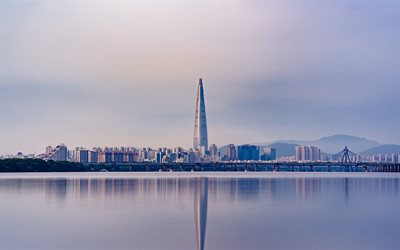 ロッテワールドタワー, 4k, 朝, 近代ビル, パノラマ, ソウル, 韓国, アジア