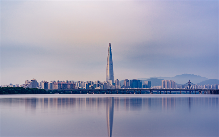 Lotte World Tower, 4k, manh&#227;, edif&#237;cios modernos, panorama, Seul, Coreia Do Sul, &#193;sia