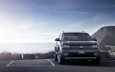 Volkswagen Atlas, 2018, front view, new gray Atlas, luxury large SUV, German cars, Volkswagen