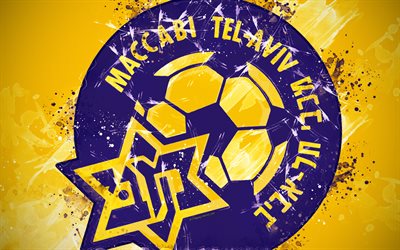 Maccabi Tel Aviv FC, boya, sanat, logo, yaratıcı, İsrail futbol takımı, İsrail Premier Ligi, Ligat HaAl, amblemi, sarı arka plan, grunge tarzı, Tel Aviv, İsrail, futbol