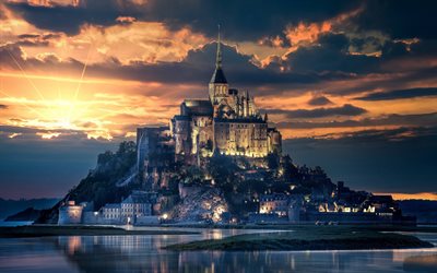 4k, Mont-Saint-Michel, sunset, ranskan maamerkkej&#228;, saari, Ranska, Euroopassa