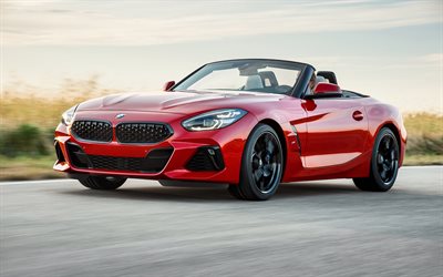 BMW Z4, 2019, M40i, 4k, vista de frente, rojo para los coches deportivos, rojo nuevo Z4, descapotable, rojo cabriolet, los coches alemanes, BMW