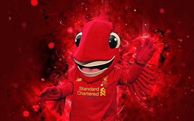 Mighty Rosso, 4k, mascotte, Liverpool, arte astratta, Premier League, LFC, creativo, mascotte ufficiale, luci al neon, il Liverpool FC mascotte