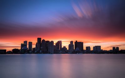 Boston, puesta de sol, noche, rascacielos, urbano, paisaje urbano, Parque de los Muelles, East Boston, Massachusetts, estados UNIDOS