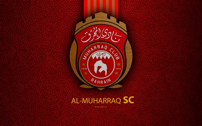 Al-Muharraq SC, 4k, du cuir &#224; la texture, le logo, l&#39;or rouge de lignes, de Bahre&#239;n de football club, Le champion du Bahre&#239;n, de Bahre&#239;n Premier League, Muharraq, Bahre&#239;n, le football