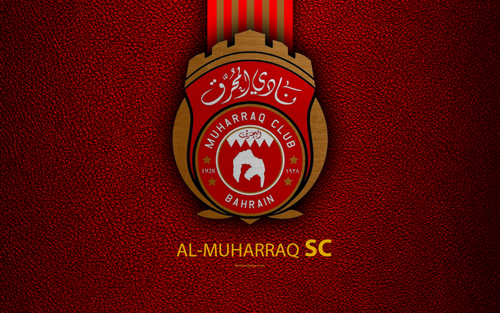 Al-Muharraq SC, 4k, l&#228;der konsistens, logotyp, r&#246;tt guld linjer, Bahrain football club, M&#228;stare i Bahrain, Bahrainska Premier League, Muharraq, Bahrain, fotboll