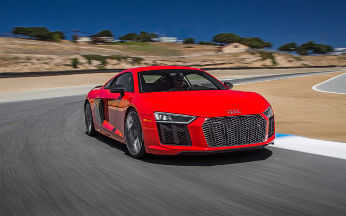 Audi R8, 2019, exterior, red sports coupe, racing track, new red R8, German sports cars, Audi