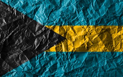 Bahamas, bandiera, 4k, carta stropicciata, paesi del Nord america, creativo, Bandiera delle Bahamas, simboli nazionali, Nord America, Bahamas 3D bandiera