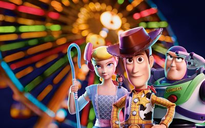 Toy Story 4, 2019, cartel, promo, personajes principales, Little Bo Peep, el Sheriff Woody, Buzz Lightyear