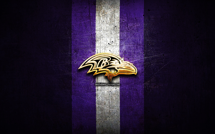 Baltimore Ravens, logo dorato, NFL, viola, metallo, sfondo, americano, football club, Baltimore Ravens logo, football americano, USA