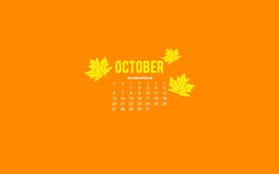2019 Calendario de octubre, el minimalismo estilo, fondo naranja, oto&#241;o, 2019 calendarios, Naranja 2019 Calendario de octubre, de creadores de arte
