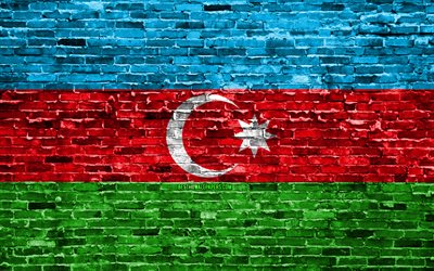 4k, Azerbaijani flag, bricks texture, Asia, national symbols, Flag of Azerbaijan, brickwall, Azerbaijan 3D flag, Asian countries, Azerbaijan