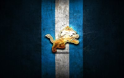 Detroit Lions, golden logo, NFL, blue metal background, american football club, Detroit Lions logo, american football, USA