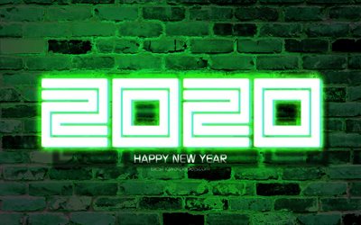 2020 green neon digits, 4k, Happy New Year 2020, green brickwall, 2020 neon art, 2020 concepts, green neon digits, 2020 on green background, 2020 year digits