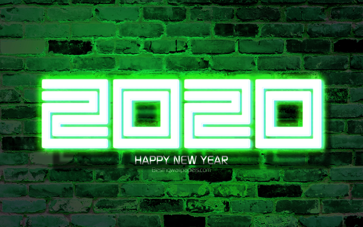 2020 2020 yeşil neon basamak, 4k, Mutlu Yeni Yıl, yeşil brickwall, 2020 neon sanat, 2020 kavramlar, yeşil neon basamak, yeşil arka planda 2020, 2020 yılına basamak
