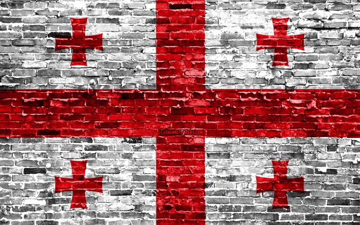 4k, Georgian flag, bricks texture, Asia, national symbols, Flag of Georgia, brickwall, Georgia 3D flag, Asian countries, Georgia