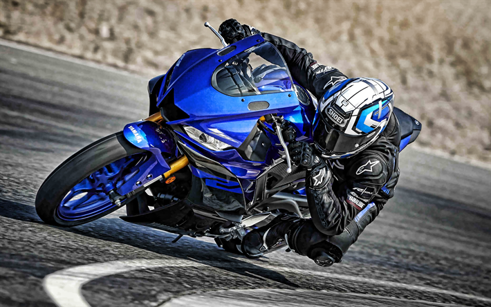 Yamaha YZF-R3, 2019, mavi spor bisiklet, yeni mavi YZF-R3, Yarış Pisti, Japon yarış motosikletler, Yamaha