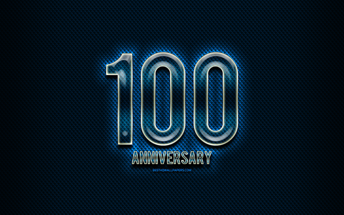 100 &#176; anniversario, vetro segni, blu, grunge, sfondo, 100 Anni, Anniversario, anniversario, concetti, creativit&#224;, Vetro 100 &#176; anniversario segno, Un Centinaio di Anni