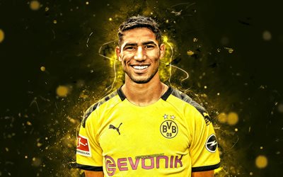 Achraf Hakimi, stagione 2019-2020, marocchino calciatori del Borussia Dortmund FC, il difensore, il calcio, il BVB, Germania, Bundesliga, Achraf Hakimi Mouh, calcio, luci al neon
