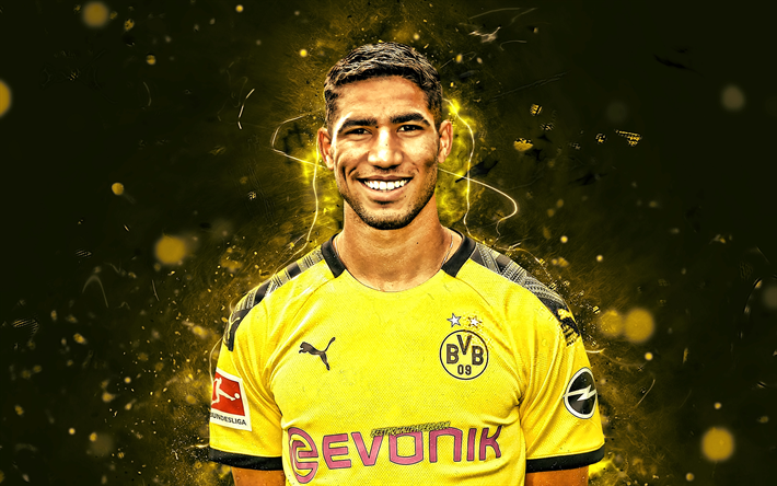 2019-2020 Achraf Hakimi, sezon, Fas futbolcular, Borussia Dortmund FC, defans, futbol, BVB, Almanya, Bundesliga, Achraf Hakimi Mouh, neon ışıkları