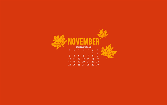 2019 november-kalender, minimalismus, stil, dunkel orange hintergrund, herbst, 2019 kalender, orange 2019 november-kalender, kreative kunst, november
