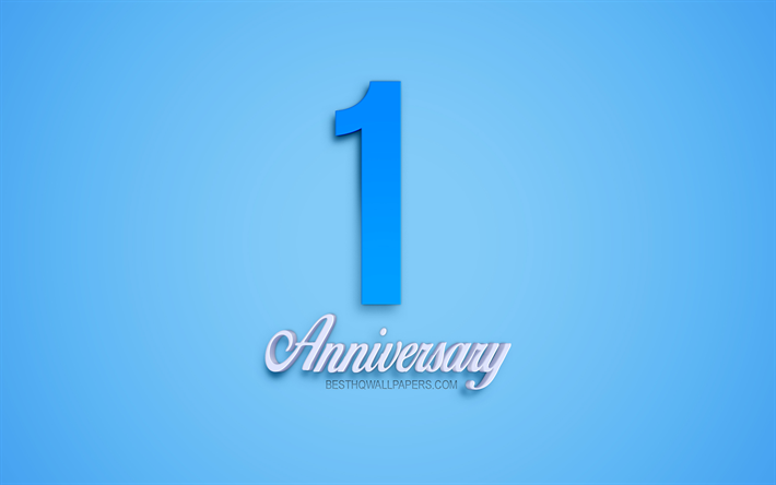 1st Anniversary sign, 3d anniversary symbols, blue 3d digits, blue background, 1st Anniversary, 3d creative art, 1 Year Anniversary