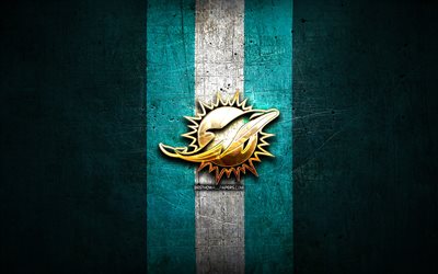 Miami Dolphins, golden logo, NFL, blue metal background, american football club, Miami Dolphins logo, american football, USA