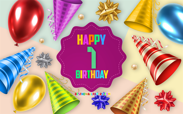 Felice 1 Anno di Compleanno, biglietti di Auguri, Compleanno, Palloncino, Sfondo, creativo, arte, Felice 1 &#176; compleanno, seta, fiocchi, 1 &#176; Compleanno, Festa di Compleanno