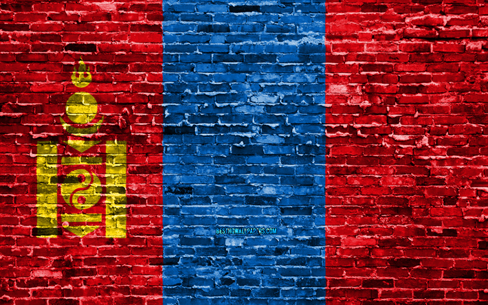 4k, Mongolian lippu, tiilet rakenne, Aasiassa, kansalliset symbolit, brickwall, Mongolian 3D flag, Aasian maissa, Mongoliassa