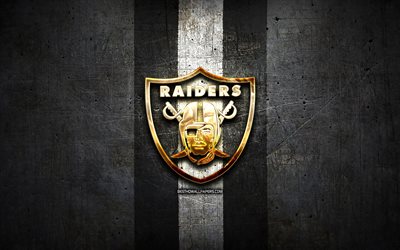 Oakland Raiders, altın logo, NFL, siyah metal arka plan, Amerikan Futbol Kul&#252;b&#252;, Oakland Raiders logo, Amerikan Futbolu, ABD