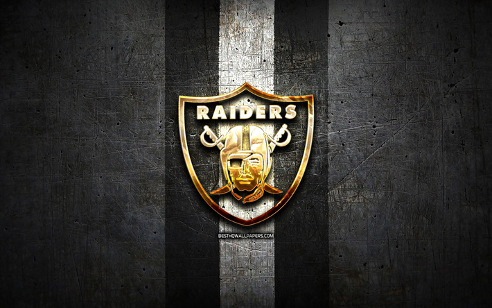 Oakland Raiders, golden logotyp, NFL, black metal bakgrund, amerikansk football club, Oakland Raiders logotyp, amerikansk fotboll, USA