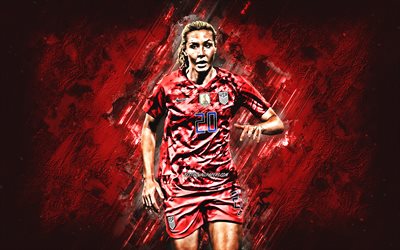 Allie Long, portrait, american soccer player, USA, United States womens national soccer team, red stone background, creative art