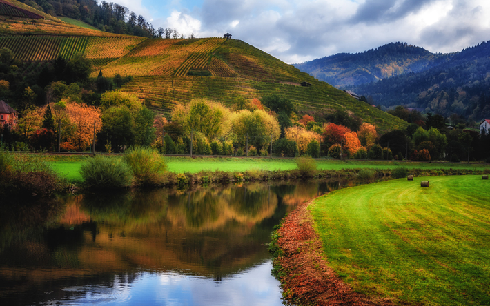 بادن-فورتمبيرغ, HDR, الطبيعة الجميلة, التلال, نهر, الخريف, ألمانيا, أوروبا